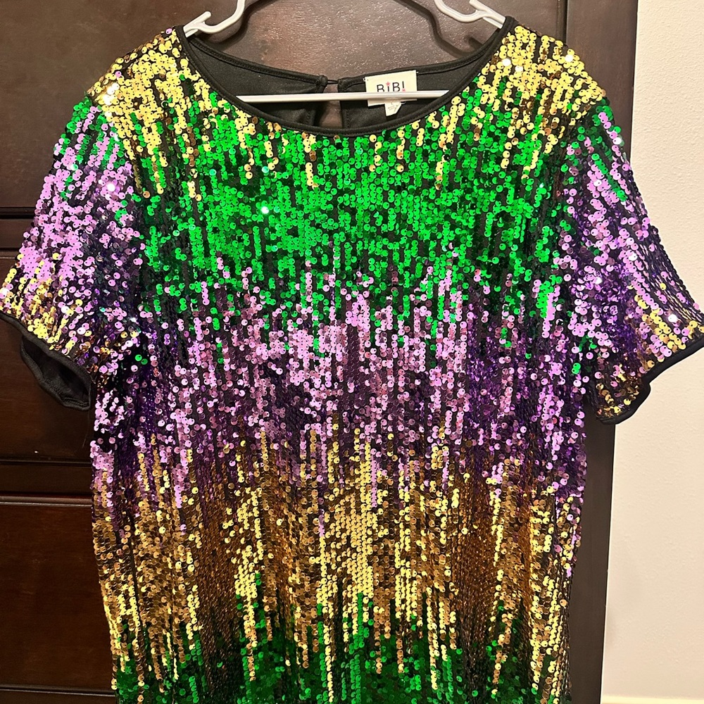 Mardi Gras Bibi Sequin Top in Green, Purple, and Gold